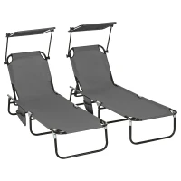 Outsunny 2-Piece Folding Sun Lounger Set with Sun Canopy, 5-Level Adjustable Backrest Dark Grey(m-1)