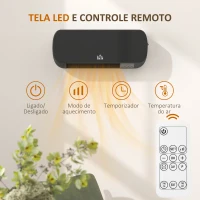 HOMCOM Aquecedor Cerâmico de Parede 1000W/2000W com Controle Remoto 3 Modos de Aquecimento Temporizador de 12h Termostato e Proteção contra Superaquecimento 45x18,6x11,5 cm Preto(m-5)