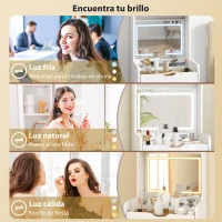 HOMCOM Tocador de Maquillaje con luces LED de 3 Colores Espejo Abatible y Taburete Acolchado 3 Cajones y Estantes Blanco(m-4)