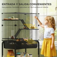 PawHut Jaula para Animales Pequeños de 4 Niveles con Ruedas Bandeja Profunda Rampas Plataformas y Comedero 73x47x123 cm Negro(m-7)