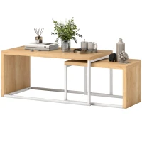 HOMCOM Juego de 2 Mesas de Centro Mesa Nido Moderna Marco de Metal para Salón 90x48x42 cm y 59x42x36 cm Natural y Blanco(m-11)