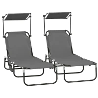 Outsunny 2-Piece Folding Sun Lounger Set with Sun Canopy, 5-Level Adjustable Backrest Dark Grey(m-7)