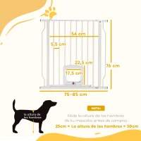 PawHut Barrera de Seguridad para Perros con Puerta Pequeña para Escaleras y Puertas 75-85 cm con Doble Bloqueo Blanco(m-3)