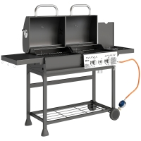 Outsunny Barbecue a Carbone e Gas con 3 Bruciatori e Coperchio, Termometro, Ruote e Ripiani, Nero