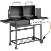 Outsunny Barbecue a Carbone e Gas con 3 Bruciatori e Coperchio, Termometro, Ruote e Ripiani, Nero(m-1)