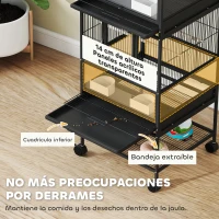 PawHut Jaula para Pájaros de 2 Niveles con Paneles Acrílicos Comederos Perchas Ruedas y Estante Inferior 48x46x134,5 cm Negro(m-4)