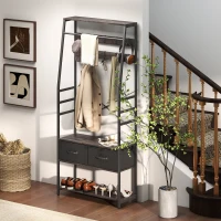 HOMCOM Coat Rack with Shoe Storage, Hall Tree, Industrial Coat Stand with Shoe Bench, 10 Removable Hooks, 2 Fabric Drawers and Clothes Rail for Entryway, Hallway, Grey(m-8)