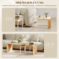 HOMCOM Juego de 2 Mesas de Centro Mesa Nido Moderna Marco de Metal para Salón 90x48x42 cm y 59x42x36 cm Natural y Blanco(m-6)