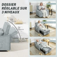 HOMCOM Fauteuil convertible 1 place 3 en 1, fauteuil-lit clic-clac en chenille, assise large dossier réglable, 88x84x87cm, gris(m-5)