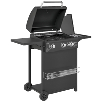 Outsunny Barbecue a Gas con Bruciatori Indipendenti, Coperchio con Termometro e Tavolino Laterale, Nero