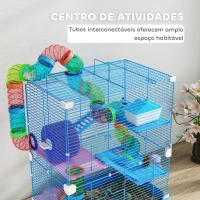 PawHut Gaiola para Hamsters com Túnel Comedouro Bebedouro Casa Rampas e Roda de Exercício 46x30x58 cm Azul(m-4)