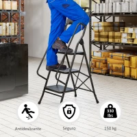 HOMCOM Escalera Plegable de 3 Peldaños con Bolsa de Herramientas Escalera de Tijera con Peldaños Anchos Antideslizantes Negro(m-5)
