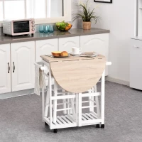 HOMCOM Foldable Kitchen Trolley Island Set with Casters 2 Barstool Chairs Folding Table Drop Leaf Storable Bottom Apartment Dorm(m-13)