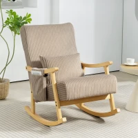 HOMCOM Silla Mecedora de Pana con Cojín Lumbar Patas y Reposabrazos de Madera de Caucho Bolsillo Estilo Moderno Marrón Claro(m-2)