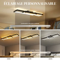 HOMCOM Plafonnier LED rectangle 43W, luminaire plafonnier 3000-6000K, 4600LM, télécommande, 70 x 30 cm, noir(m-4)
