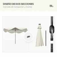 Outsunny Sombrilla de Jardín Manual Ø292x248 cm con 32 Luces LED Solares 8 Varillas Impermeable y Rejillas de Ventilación Crema(m-8)