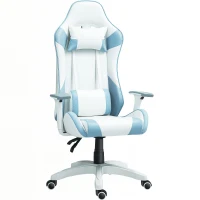 HOMCOM Cadeira Gaming Reclinável com Almofada Lombar Apoio de Cabeça Basculante e Altura Ajustável 67x60x120-128 cm Branco e Azul(m-10)