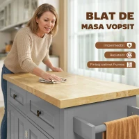 HOMCOM Căruț de Bucătărie cu 2 Sertare și 2 Dulapuri, Insulă de Bucătărie cu Blat din Lemn, 111x44,5x82,5 cm, Gri(m-4)