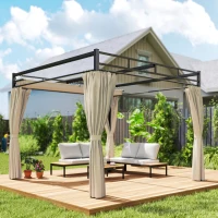 Outsunny Gartenpergola 3x3 m mit verstellbarem Dach und Vorhängen UV30+ Metallgestell für Patio Terrasse Beige(m-4)