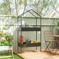 Outsunny Soporte para plantas de 2 niveles con forma de casa, 150 cm de alto, con gancho, metálico, Negro(m-4)