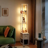 HOMCOM Floor Lamp with Shelves, LED Column Modern Standing Lamp with Fabric Drawer, Adjustable Brightness, Foot Switch for Living Room, Bedroom, Office, White(m-7)