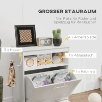 PawHut Futterstation für Haustiere, Aufbewahrungsschrank für Haustierbedarf, mit Futterschüsseln, Haken für Leinen, MDF, Weiß(m-5)