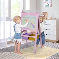 HOMCOM Kids Easel 3 in 1 Wooden Art Easel with Paper Roll Double-Sided Chalkboard & Whiteboard with Storage Baskets for Toddler Girls, Pink(m-2)