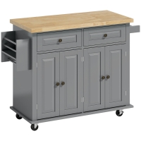 HOMCOM Ilha de Cozinha com Rodas 2 Gavetas 4 Portas Suporte para Temperos e Barra Lateral 111x44,5x82,5 cm Cinzento e Madeira