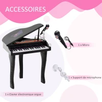 HOMCOM Piano à Queue électronique 37 Touches Multifonctions avec Micro Haut Parleur, lumière LED, fonction d'enregistrement et de relecture, instrument de musique enfant 3 à 6 ans Noir(m-8)
