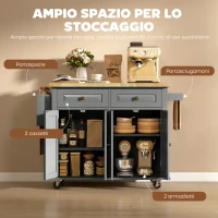 HOMCOM Carrello da Cucina con 2 Cassetti e 2 Armadietti, Piano in Legno, Portaspezie e Porta Canovacci, Grigio(m-6)