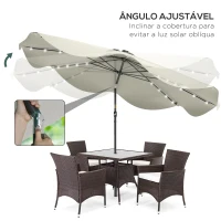 Outsunny Chapéu de Sol de Jardim Ø292x248 cm Chapéu de Sol com Manivela 32 Luzes LED Solares e 8 Hastes Creme(m-5)