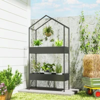 Outsunny Suport plante 2 niveluri în formă de casă, înalt 150 cm, suport flori cu cârlig, metal, Negru(m-5)