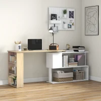 HOMCOM Eckschreibtisch modularer Computertisch integriertes Bücherregal + 3-stufiges Regal weiß und Naturholz(m-6)