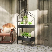 Outsunny 2 Tier Plant Stand, Outdoor Indoor Metal Plant Stand with Hook, House-Shaped Pots Holder Display Rack, Black(m-2)