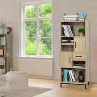 HOMCOM Biblliothèque Buffet haut de Cuisine 2 étagères 3 niches 2 placards + tiroir en Bois chêne Clair Motif Graphique Pieds en métal Noir(m-10)