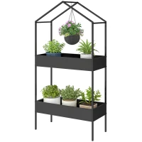 Outsunny Soporte para plantas de 2 niveles con forma de casa, 150 cm de alto, con gancho, metálico, Negro(m-7)