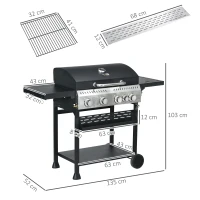 Outsunny Five-Burner Steel Gas Grill, with Thermometer - Black(m-3)