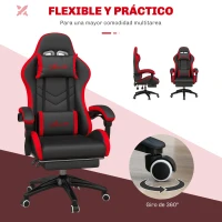 Vinsetto Silla Gaming de Cuero Sintético Reclinable 135° Reposacabezas y Reposapiés 65x65x121-129cm Negro y Rojo(m-6)