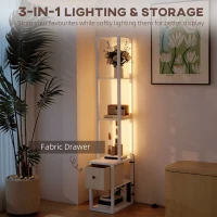 HOMCOM Floor Lamp with Shelves, LED Column Modern Standing Lamp with Fabric Drawer, Adjustable Brightness, Foot Switch for Living Room, Bedroom, Office, White(m-4)