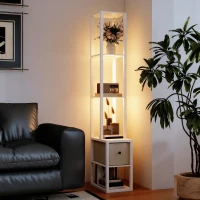 HOMCOM Floor Lamp with Shelves, LED Column Modern Standing Lamp with Fabric Drawer, Adjustable Brightness, Foot Switch for Living Room, Bedroom, Office, White(m-8)