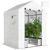 Outsunny Mini Greenhouse with Raised Garden Bed, Galvanised Walk-in Greenhouse with Roll Up Windows, 56" x 56" x 75", White(m-10)