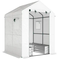 Outsunny Mini Greenhouse with Raised Garden Bed, Galvanised Walk-in Greenhouse with Roll Up Windows, 56" x 56" x 75", White(m-1)