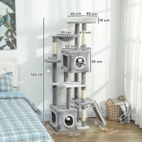 PawHut Albero Tiragraffi per Gatti con 2 Casette, Rampa, Trespoli e 4 Palline, 48x40x165 cm, Grigio e Bianco(m-3)