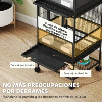 PawHut Jaula para Pájaros de 2 Niveles con Paneles Acrílicos Comederos Perchas Ruedas y Estante Inferior 48x46x134,5 cm Negro(m-4)