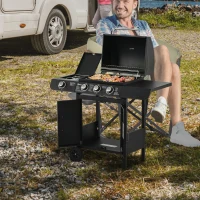 Outsunny Barbecue a gas con 3 bruciatori principali e 1 bruciatore laterale, ripiani, acciaio inox, nero, 110 x 50 x 100 cm(m-2)