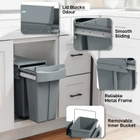 HOMCOM Lixeira de cozinha deslizante 30L com 2 compartimentos, lixeira sob a pia com tampa fosca, 52x26x40,8cm, cinza(m-4)