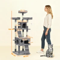PawHut Copac zgârietor pentru pisici Copac pentru pisici 153 cm cu 2 căsuțe 3 paturi 2 rampe stâlpi din sisal șoricei atârnați Gri(m-3)