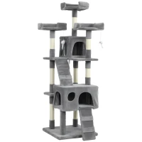 PawHut Albero Tiragraffi per Gatti Albero per Gatti 153 cm con 2 Tane 3 Lettini 2 Rampe Pali in Sisal Topolini Appesi Grigio(m-1)