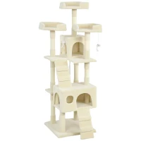 PawHut Árbol Rascador para Gatos Árbol para Gatos 153 cm con 2 Cuevas 3 Camas 2 Rampas Postes de Sisal Ratones Colgantes Crema(m-1)