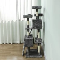 PawHut Copac zgârietor pentru pisici Copac pentru pisici 153 cm cu 2 căsuțe 3 paturi 2 rampe stâlpi din sisal șoricei atârnați Gri(m-4)